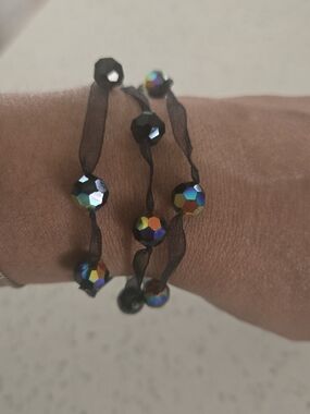 Iridescent Hematite Bead Ribbon Wrap Bracelet - Black